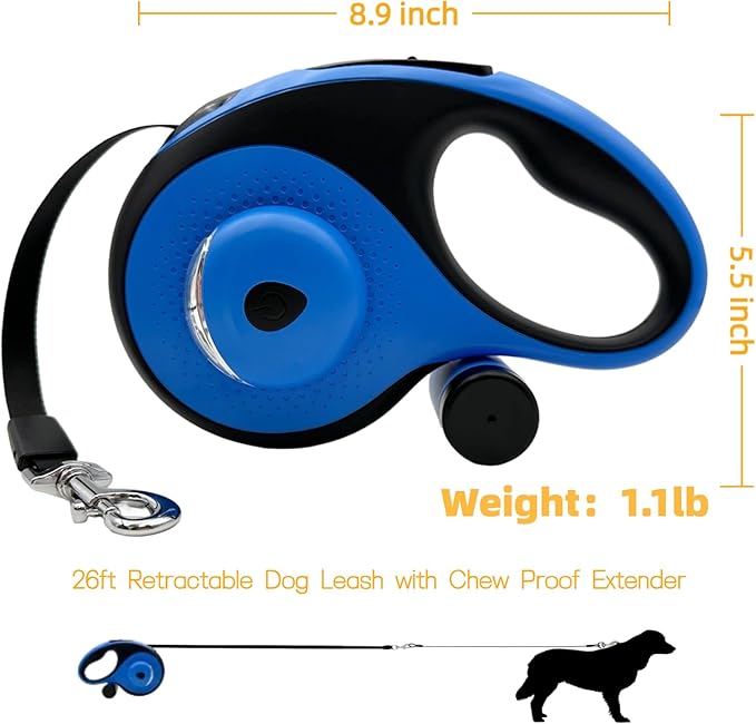 26ft Retractable Dog Leash for Large Dogs with Poop Bag Holder and LED Light,Heavy Duty Retractable Dog Leash with Chew Proof Extender,One-Hand Lock System,Impact-Resistant,Up to 110 lbs (Blue)