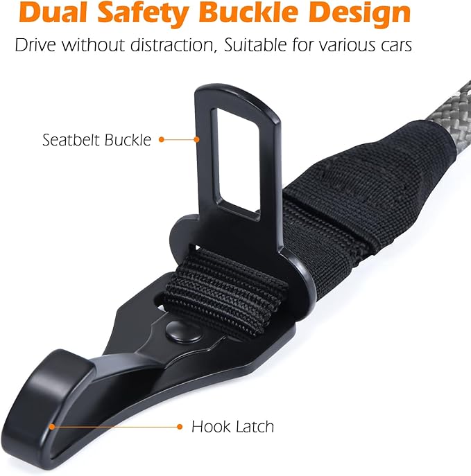 PetBonus Dog Seat Belt for Car, Durable Rope Dog Car Harness Seatbelt for Vehicle, Pet Tether Safety Restraint with Heavy Duty Buckle Hook Latch Lockable Clip for Small Medium Large Breeds (Grey)