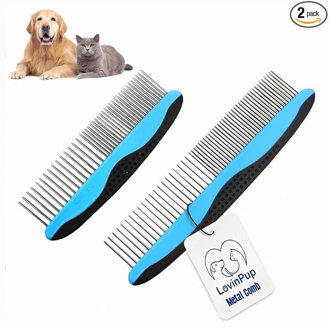 Pet Metal Comb for Dogs and Cats (2-Pack) - Stainless Steel Rounded Teeth for Painless Detangling - Dual-Spacing for Small & Large Pets with Comfort Grip Handle - Professional Grooming Tools