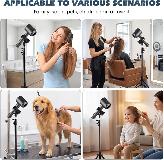 Hands Free Hair Dryer Stand, 20-63 inch Height Adjustable Blow Dryer Holder with Tripod and Universal Clip can 180-Degree Rotation for Bathroom Makeup Room Bedroom Vanity Salon (COLOR:Black)