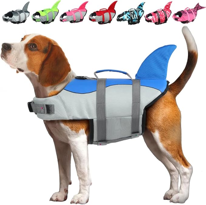 EMUST Dog Life Jacket Shark, Dog Life Vests for Small, Middle, Large Dogs with Rescue Handle Pet Flotation Vest Safety Lifesaver for Swimming Pool Beach Boating, (S,Blue)