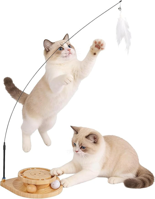 Interactive Cat Toy for Indoor Cats - Cat Wand & Track Ball, 15 Replacement Heads, 2 Wooden Balls & 1 Bell Ball, Anti-Slip Base, Easy Assembly Cat Teaser for Kittens & Adult Cats