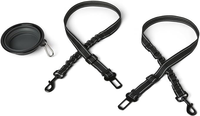 Amazon Basics Dog seat Belt, Adjustable Dog Car Harness, Adjustable Length 26"-39", Includes Collapsible Travel Bowl, Black