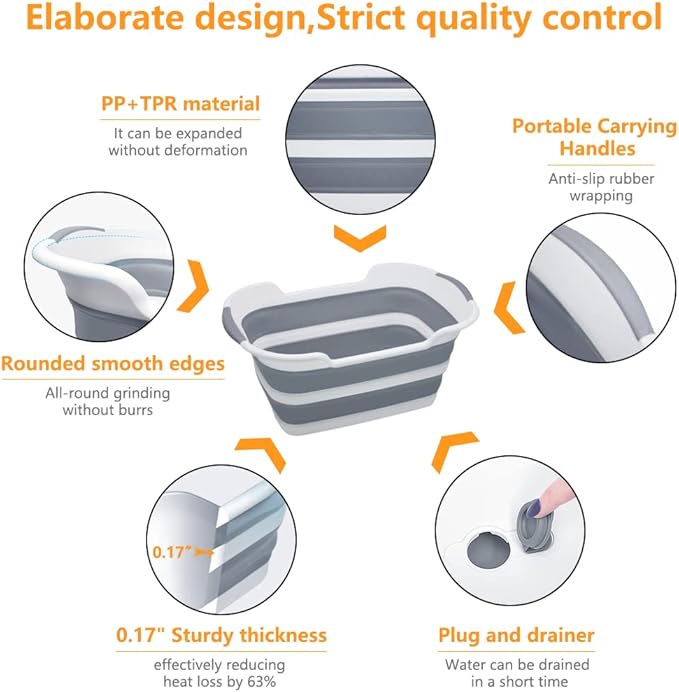 Goderewild Collapsible Pet Bathtub, 7.1 Gal (27L) - Foldable Bathing Tub with Drain Plug for Dogs & Cats Under 30 lbs - Multi-Use as Laundry Basket, Storage Organizer, Camping Sink (Grey)