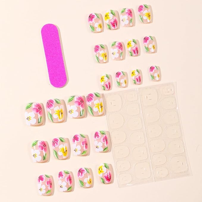 yefiuo Summer Press on Nails Short Square Pink Fake Nails Press ons Ombre Flowers Acrylic False Nails Glue on Nails Reusable Nail Tips Kit Full Cover Stick on Nail Supplies for Women Girls 24Pcs