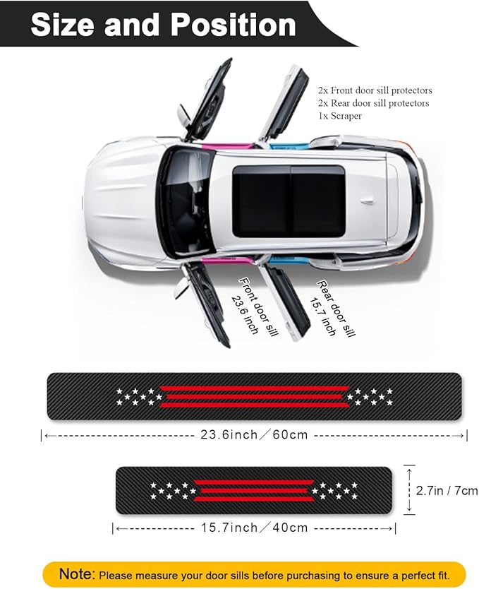 4Pcs Car Door Sill Protector, Carbon Fiber Anti-Scratch & Waterproof Stars and Stripes Front & Rear Door Sills Scratch Protection Universal Car Threshold Accessories for Cars SUV Truck