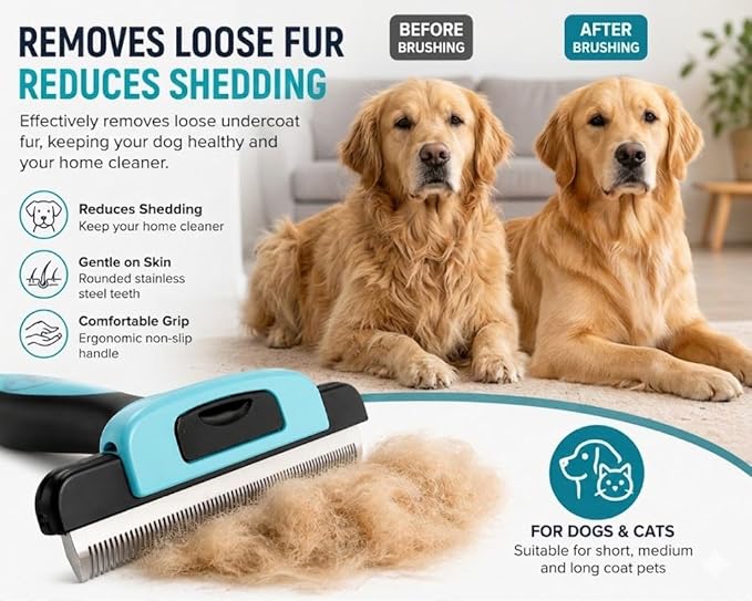 Dog Deshedding Brush – Removes Loose Undercoat & Reduces Shedding – Gentle Stainless Steel Grooming Tool for Dogs & Cats, Short and Medium Hair