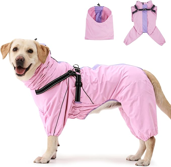Lelepet Large Dog Raincoat, Rain Jacket Dog with Harness, Waterproof Reflective Coat with Adjustable Detachable Hood, Elastic Waist Zipper Hook and Loop Pet Raincoats, Pink, L