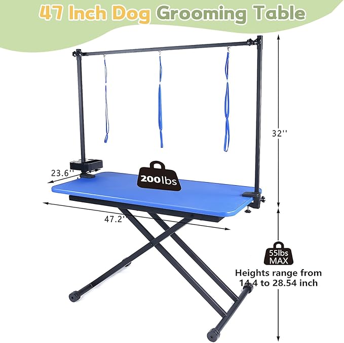 Professional Dog Pet Grooming Table Adjustable Heavy Duty Portable w/Arm & Noose & Mesh Tray (46", Blue)