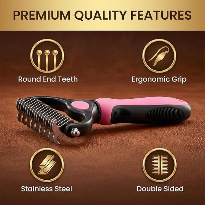 Sakerplus Double-Sided Pet Grooming Rake,Dematting Undercoat Rake for Dogs and Cats, 2-in-1 Dematting Comb, Pet Grooming Rake for Long Hair Pets (Pink, large)