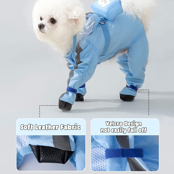 HDKUW Dog Raincoat and Rain Shoes Set, Full-Coverage Reflective Dog Jacket with Backbag, Blue 2XL