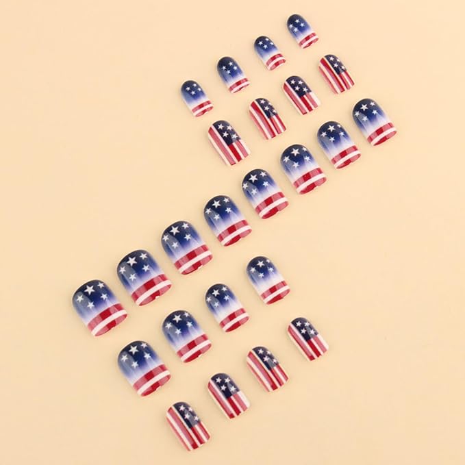 yefiuo 4th of July Press on Nails Short Square Stripe French Fake Nails Press ons Flag Acrylic False Nails Glue on Nails Reusable Nail Tips Kit Full Cover Stick on Nail Supplies for Women Girls 24Pcs