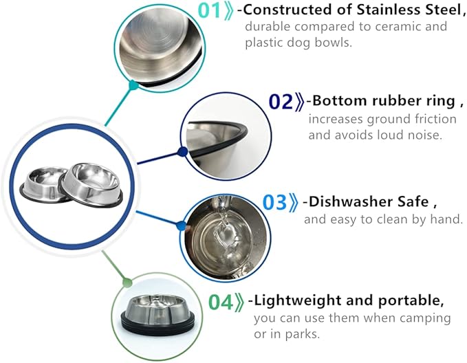 2 Pack Stainless Steel Dog Bowls with Rubber Bottom, Non Skid Non Spill Heavy Duty Premium Quality Pets Feeder Bowls for Dogs and Cats and More (6Cup / 48oz)