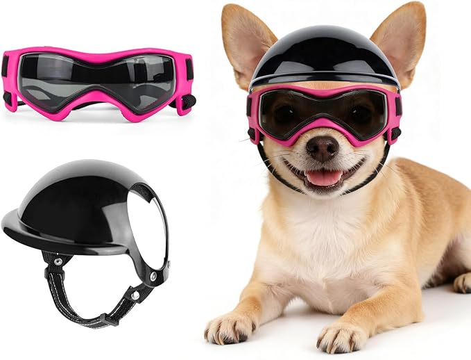 LESYPET Dog Helmet and Goggles for Extra Small Breed, Puppy Motorcycle Helmet with Ear Holes, UV Protection Extra Small Dog Sunglasses for Outdoor Activities/Riding/Walking