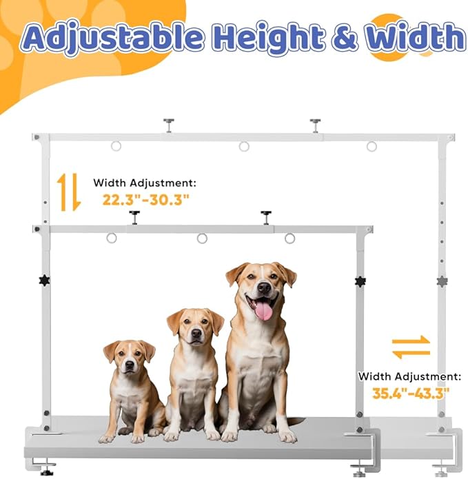 Dog Grooming Arm with Clamp for Large Dog, Adjustable Height to 33in and Width to 43in, Pet Grooming Table Arm with 2 Loop Noose & 2 No Sit Haunch Holder for Home & Store (Table Not Include)