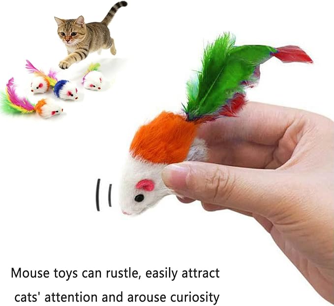 Cat Mouse Toy - 15 Pack Furry Rattle Mouse Toys for Cats with Feather Tail, Realistic Plush Kitten Toys with Catnip & Rustling Sound, Interactive Cat Toys for Indoor Cats