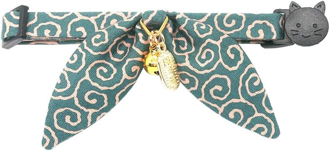 Bunny Ears Cat Collar, Japan Lucky ‘開三運’ Charm. Safety Breakaway Bowtie Kitten Collar with Bell, Light Blue