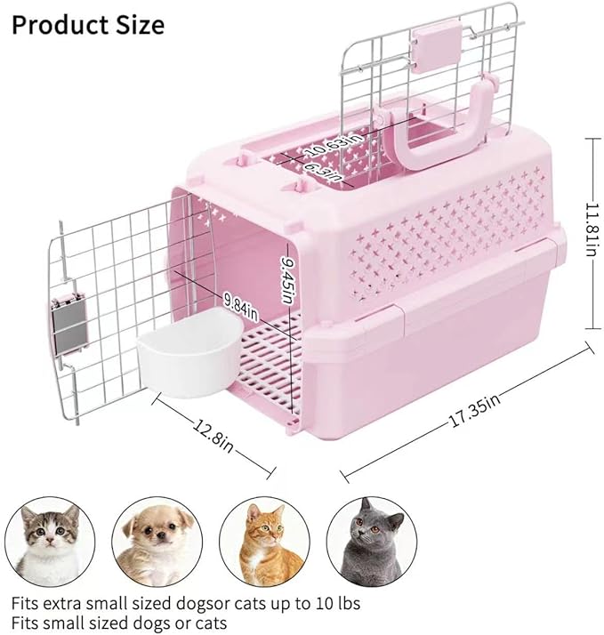 RIZZARI Small Hard Sided Pet Carrier, Ventilated Plastic Travel Crate with Metal Door and Top Handle for Small Dogs and Cats, Pink Small, Ideal for Car Travel Vet Visits and Daily Use