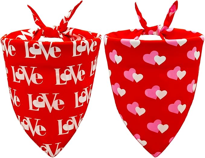 Valentines Dog Bandanas 2PCS-Small,Love Pet Scarf for Boys and Girls,Heart Bandana for Weddings,Parties,and Holidays,Dog Outfit Gifts for Small Dogs and Cats(Red)