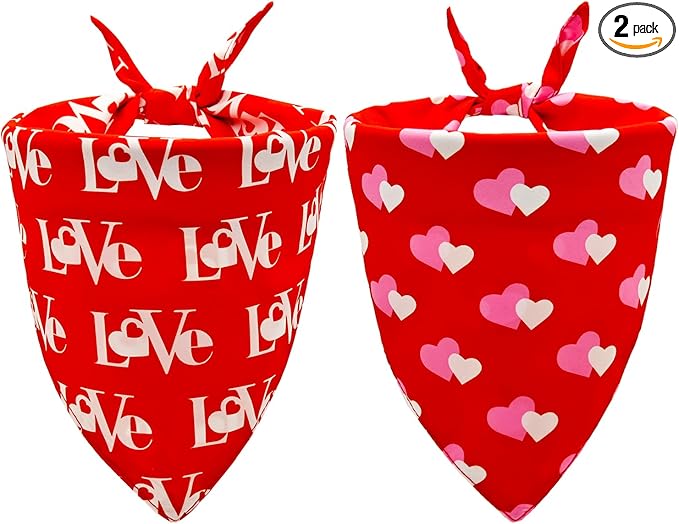 Valentines Dog Bandanas,Love Pet Scarf for Boys and Girls,Heart Bandana for Weddings,Parties,and Holidays,Dog Outfit Gifts for Medium to Large Dogs (Red, 2PCS)