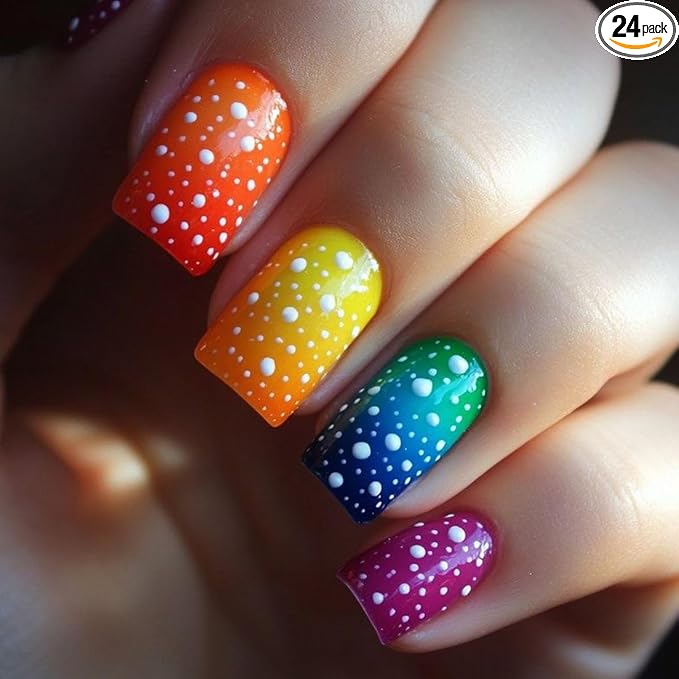 yefiuo Summer Press on Nails Short Square Ombre Fake Nails Press ons White Polka Dots Acrylic False Nails Glue on Nails Reusable Nail Tips Kit Full Cover Stick on Nail Supplies for Women Girls 24Pcs