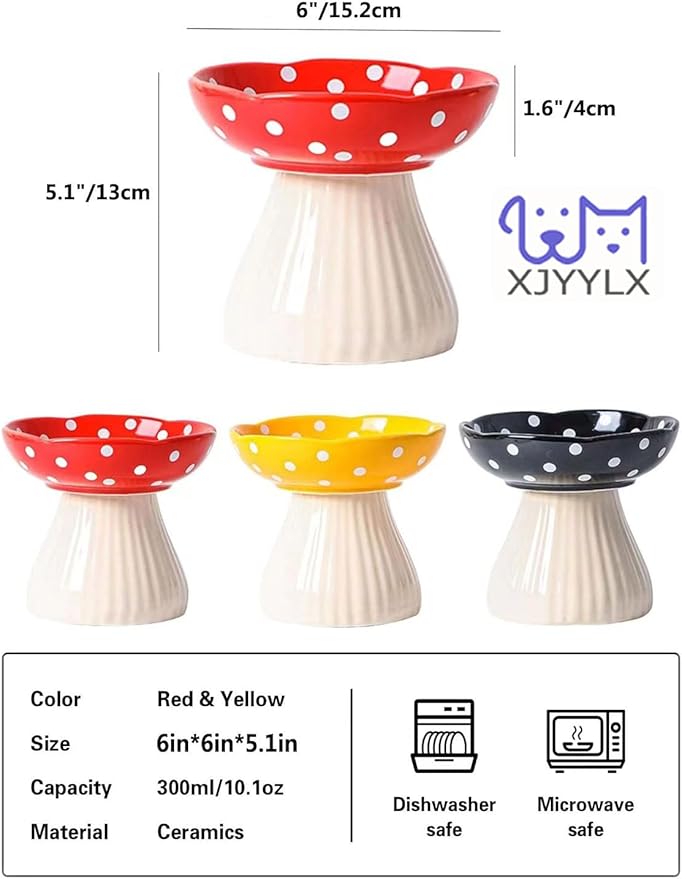 Mushroom Elevated Cat Bowls Ceramic, Raised Cat Bowl for Indoor Cats, Cute Cat Bowls Whisker Fatigue, Raised Dog Bowls Stand for Food and Water, Red 6" Wide for Adult Cats