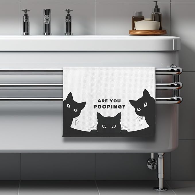 Quick-Drying Humorous Bathroom Hand Towel with Playful Black Cat Design - Quirky 'are You Pooping' Inspired Artwork Decorative Towel for Bathroom, Funny Feline Lover Gifts for Cat Ladies