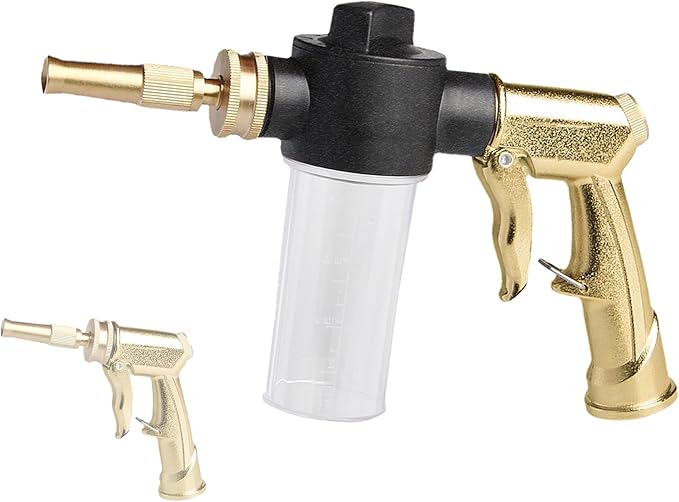 Garden Hose Nozzle Sprayer with 3.5oz Plastic Soap Dispenser Bottle, Heavy Duty High Pressure Car Wash Foam Gun, Adjustable Nozzle For Gardening, Solar Panel Cleaning, Pet Showering (Brass)