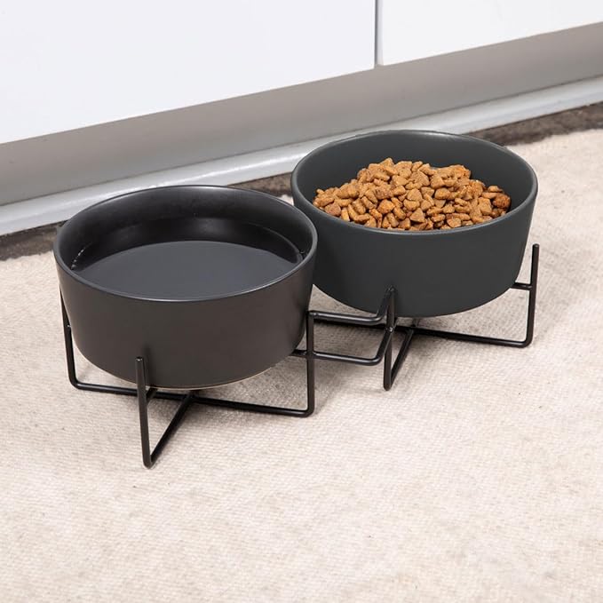 Waggo Simple Solid Double Dog Bowl and Dog Bowl Stand - Double Iron Stand with Double Ceramic Feeder or Water Bowl, Small or Large Dog Elevated Pet Feeder (Matte Black, Medium)