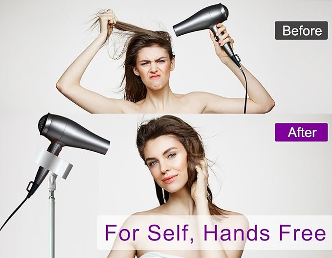 Purple River Hair Dryer Stand 20" to 63" Adjustable Blow Dryer Holder with Tripod and Universal Clip, Easy to Use, Hands Free Relieve Wrist Pain, Shoulder Periarthritis etc (White)