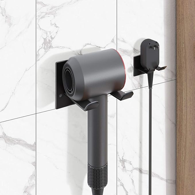 XIGOO Self Adhesive Hair Dryer Holder Wall Mounted - Adhesive Bathroom Hair Blow Dryer Rack Organizer Compatible with Supersonic Hair Dryers (Black)