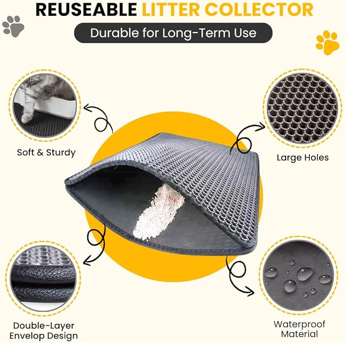 Andalus Brands Medium Cat Litter Mat - Waterproof & Urine-Proof Litter Box Mat, Non-Slip Kitty Litter Mats for Floor, Easy to Clean Litter Trapping Design (24" x 15", Black)