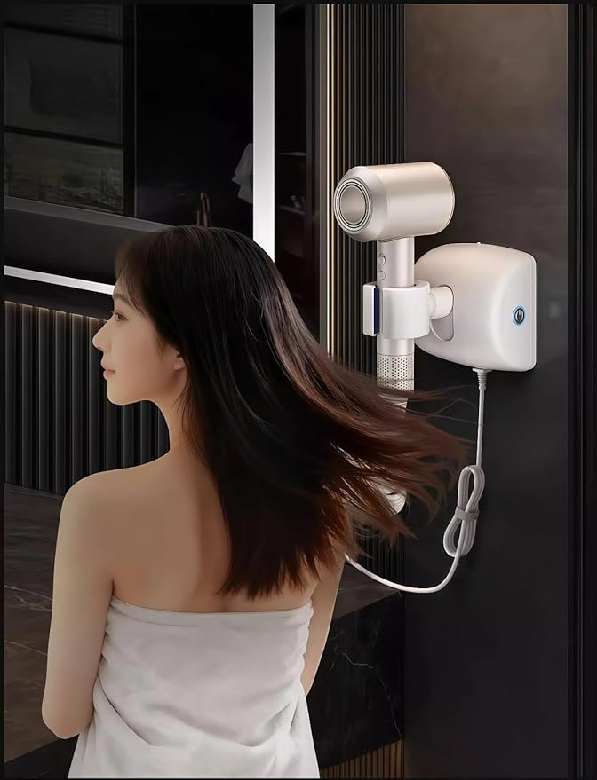 Automatic Rotating Hair Dryer Stand, Hands Free Blow Dryer Holder with 360° Auto Oscillation & Left-Right Swivel, Wall Mounted No Drilling, One-Button Start, for Styling, Pet Grooming & Phone Time