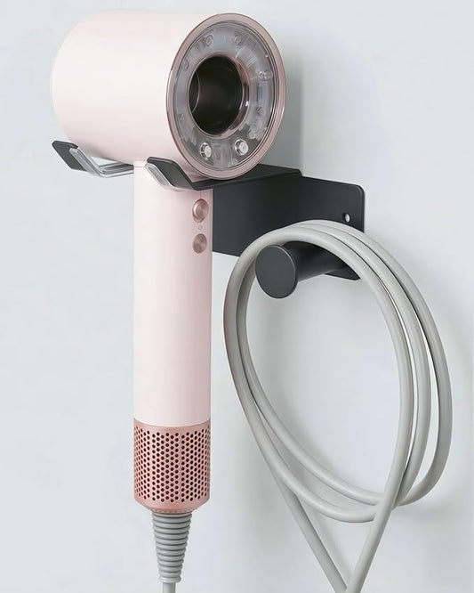 Hair Dryer Holder, Dyson Hair Dryer Holder, Blow Dryer Holder with Cord Hook SUS304 Stainless Steel Wall Mount, Self Adhesive/Screw Space Saving Hairdryer Holder for Bathroom Black