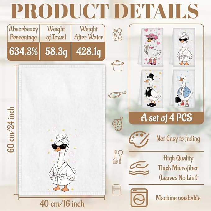 WADORN 4Pcs Funny Goose Kitchen Hand Towels, Cute Goose Kitchen Dish Tea Towels 24 x 16 Inch Soft Microfiber Absorbent Home Bathroom Decorative Gifts for Farm Animal Gifts Bird Lovers Housewarming