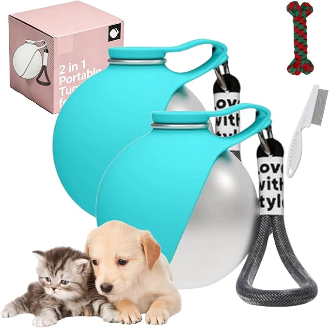 2 in 1 Portable Tumbler for Dogs – 10oz Stainless Steel Pet Water Bottle with Silicone Foldable Bowl, Portable Dog Water Bottle for Walks, for Walking, Hiking & Travel, One-Hand Operation (Blue*2)