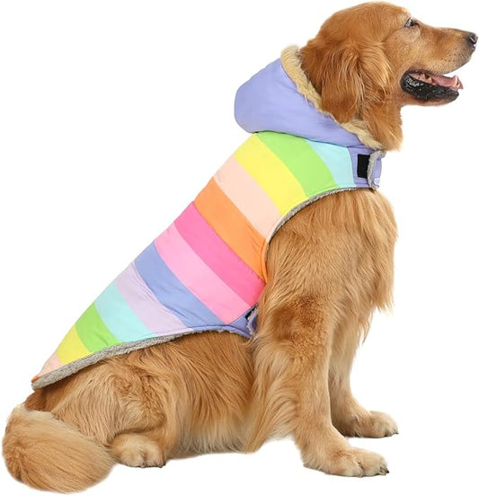 HDE Dog Puffer Jacket Fleece Lined Warm Dog Parka Winter Coat with Harness Hole Pastel Rainbow - L
