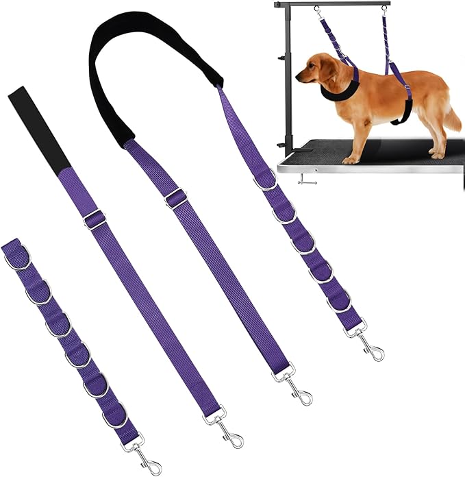ASOCEA Dog Grooming Belly Strap Belly Band & Loop 3 Sets Adjustable Dogs Groomer Extension Strap for Pet Grooming Tables Arms Bathing Restraint Leash for Small & Medium Dogs(Purple)
