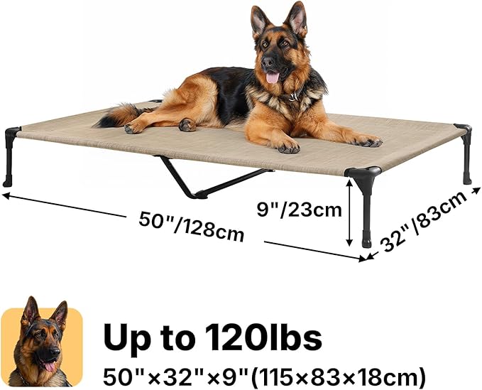 Veehoo Outdoor Elevated Dog Bed for Large Dogs, Cooling Raised Dog Cot Off Ground Hammock Pet Beds with Breathable Mesh, No-Slip Feet, 50"x32", Beige Coffee