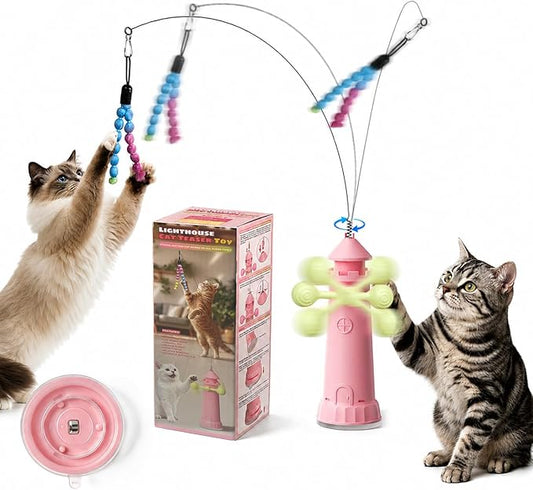Interactive Cat Toys for Indoor Cats, 2-in-1 Handheld/Suction Cup cat Teaser, Comes Yarn Ball Accessories, can be Used as a cat Toy to Help Cats Exercise and Relieve Boredom and Anxiety