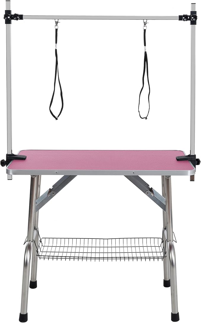 Professional Dog Pet Grooming Table Adjustable Heavy Duty Portable w/Arm & Noose & Mesh Tray (Pink, 42")