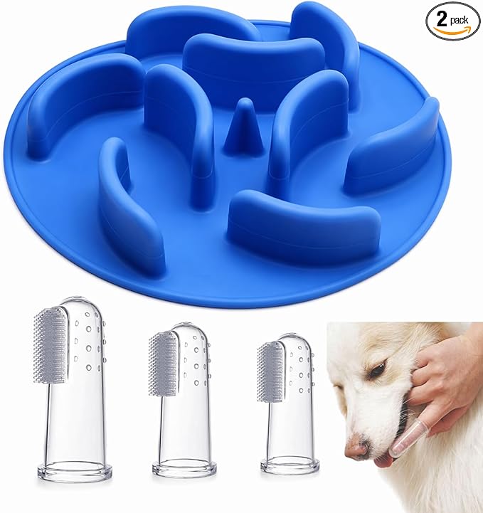 Slow Feeder Dog Bowl Insert – Silicone Anti-Choke Design with Suction Cups | Fits Most Bowls | Includes 3 Finger Toothbrushes for Pet Dental Care | Blue, Pink, Black
