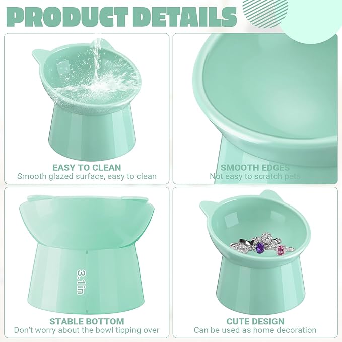 Zhehao 2 Pcs Elevated Cat Bowl Set, Tilted 15° Plastic Raised Food and Water Bowls Anti Vomit Pet Feeding Dishes for Indoor Cats/Small Dogs(Cat Ears,Green)