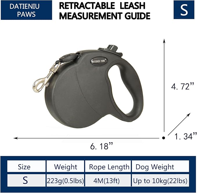 Small 13 FT Retractable Dog Leash – Hands-Free Adjustable Leash for Dogs Up to 22lbs, Tangle-Free Nylon with Ergonomic Grip for Walking, Training & Outdoor Safety Black S