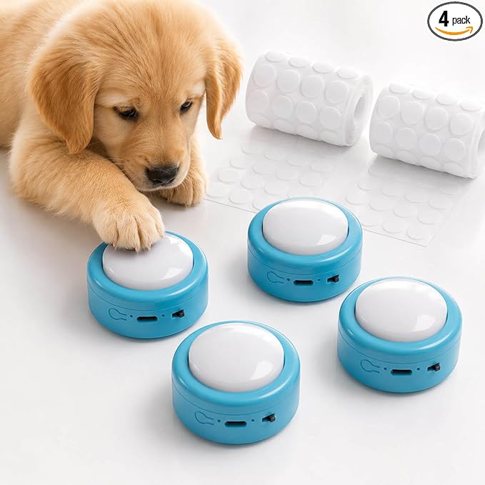 Set of 4 Small Voice Recording Buttons, Loud Clear Dog Cat Recorder for Animal Communication, Blue Pet Training Talking Buzzer, Rechargeable 30s Record & Playback Starter Set for Home Office