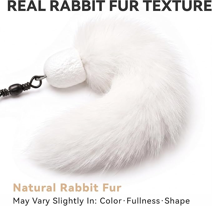 Natural Rabbit Fur Cat Toys Refills, 2 Pcs Silent Interactive Cat Wand Attachments for Indoor Cats, Handmade Fluffy Kitten Teaser Replacement Accessories (White)