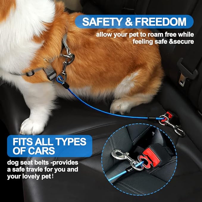 Dog Seat Belt Harness for Car,2pcs Dog Seatbelt of Coated Wire Leash Safety Restraint,No Chew Tether Cable Vehicle Dogs Accessories,Double Clips & Latch (2 Pack Red+Blue, 16 inch/40 CM)
