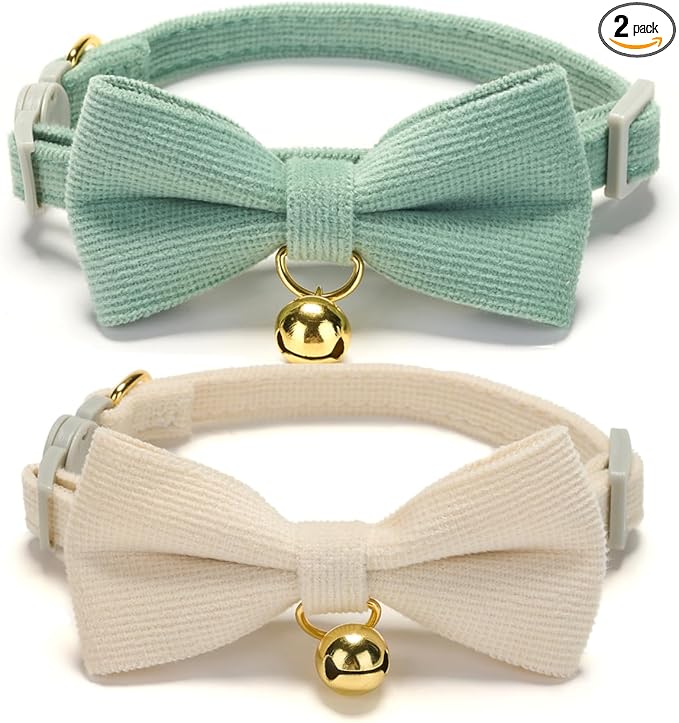 2 Pack Soft Corduroy Cat Collars with Bow Tie & Bell, Adjustable Breakaway Cotton Kitty Bowtie Collar for Female Male Cats(White & Grass Green)