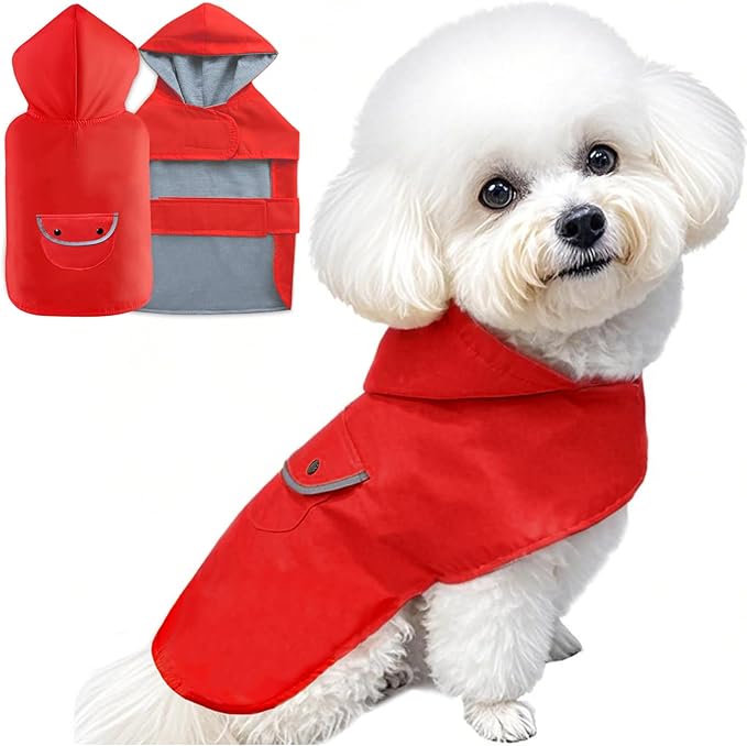 Dog Raincoat Rain Jacket for Puppy Small Dogs Waterproof Pet Clothes Reflective Poncho Rainwear Breathable Lined Pocket Hooded Leash Hole Adjustable,Red,XS,Back Length 6.7 Inch