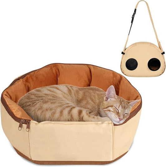 2-in-1 Convertible Pet Sling Carrier & Bed - with Breathable Mesh, Adjustable Strap & Pocket，for Travel, Vet Visit & Home Use, Up to 22lbs (KAKI)